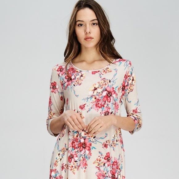 Floral Pocket Swing Midi Dress - Tan - Picture 5 of 7